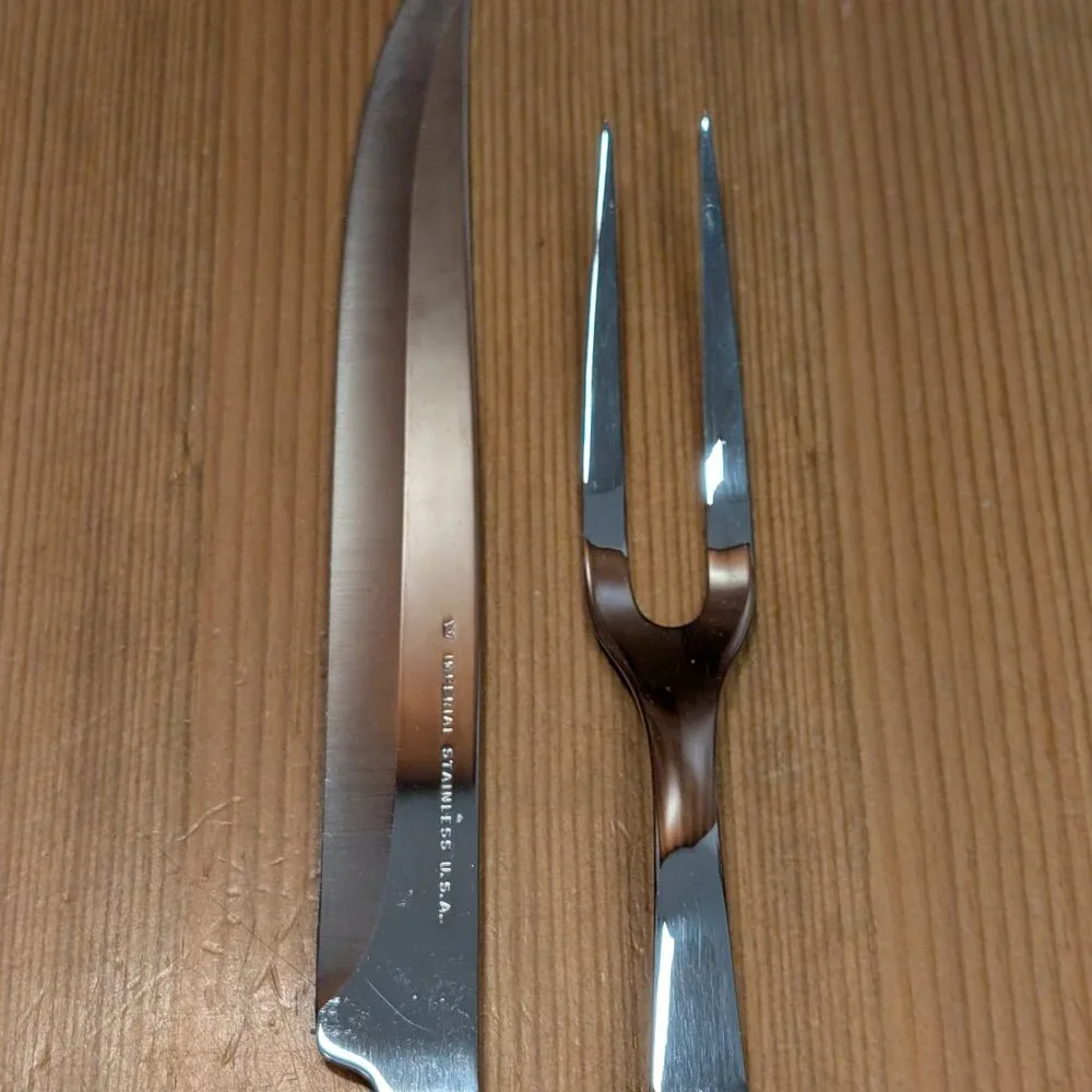 2pc Oneida / Imperial MY ROSE Stainless Steel Carving Knife and Fork Set - EUC